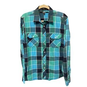 Carbon Slim Fit Men's  Long Sleeve Shirt Green And Blue Plaid  Size L